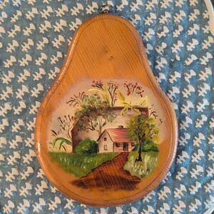 Hand-Painted Wooden Pear Shaped Primitive House and Landscape Design Wall Art